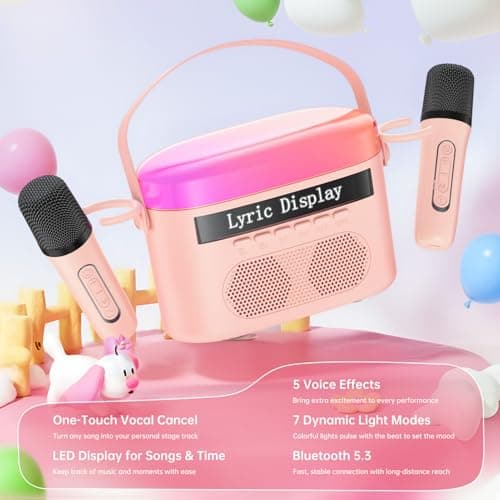 Karaoke Machine for Kids & Adults with Lyrics Display Screen Portable Bluetooth 5.3 Karaoke Speaker with High Power Dual Speakers with Timer White Noise & Night Light Home & Outdoor Party (Pink) - Thumbnail 3