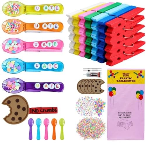 Thamtu Cheer Pins U ATE Leave No Crumbs Spirit Clips 54" x 72" Disposable Table Cloth 60 Wooden Clips 50 Mini Spoons 10 Cookie Decorations 200 Letter Beads – Cheerleader Spirit Craft for Girls - Image 1