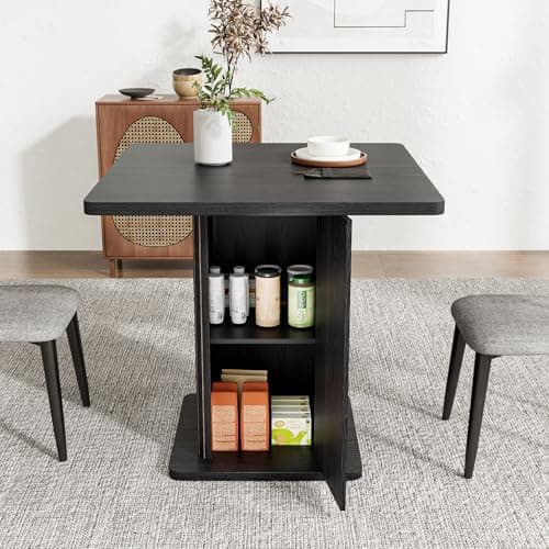 Small Black Dining Table for 2-4, 31.5 Inch Farmhouse Square Kitchen Table with 2-Tier Storage Shelf, Modern Wood Dinner Furniture with Fluted Doors, Dining Room, Living Room, Space Saving - Thumbnail 5