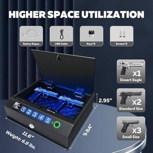 Biometric Gun Safe for Handgun 3-Ways unlock Fingerprint Digital PIN Key Unlock Pistol Safe with Security Cable Gun Lock Box With Interior Light For Nightstand Car & Home Security - Thumbnail 6
