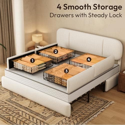 Uteeran King Size Bed Frame with Storage, Boucle Cloud Bed with 4 Locking Drawers & LED Lights, Modern Upholstered Platform Bed, Plush Sides & Footboard, Adjustable Headboard, No Box Spring, Beige - Thumbnail 4