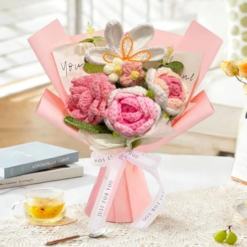 Tikitup Crochet Flowers Bouquet, Handmade Knitted Flowers Pink Crochet Bouquet for Lover, Family,Friends. Crochet Bouquet, Crocheted Yarn Flowers, Artificial Flower Finished Bouquet - Thumbnail 5