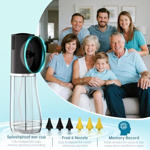 Ear Wax Removal Kit,Electric Ear Cleaner,Ear Cleaning Kit for Adults -250+300ML Dural Watertank,4 Adjustable Water Pressure,6 Tips,Splash-Proof Ear Muff,IPX7 Waterproof,One-Hand Use,Memory Record - Thumbnail 6