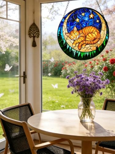 Stained Glass Window Hanging, Orange Sleeping Cat Suncatcher for Door Home Decor Moon Starry Night Sun Catcher Ornament Mother's Day Birthday Gifts for Women Men Mom 6.3 in - Thumbnail 4