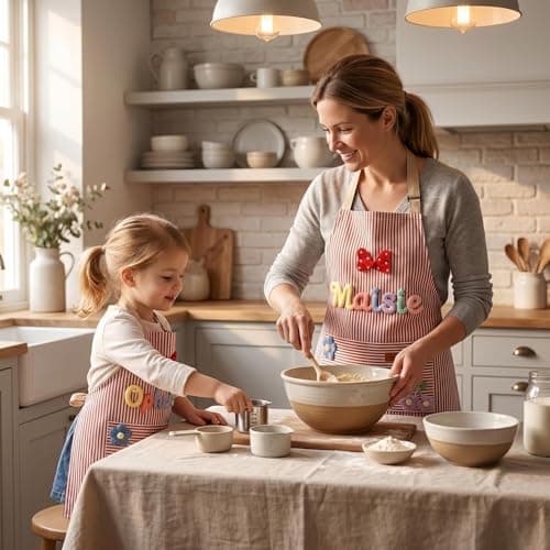 Customizable personalized aprons in adult and child sizes with printed names; these waterproof aprons for kitchen cooking, baking, painting feature pockets and adjustable straps, ideal for home use. - Thumbnail 2