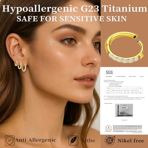 Dainty Moissanite Huggies: 3-Pair Hypoallergenic Earring Set in 14K Gold Plated G23 Titanium for Sensitive Ears, Tiny Cartilage & Wedding Hoops for Everyday Luxury (Gold 8/10/12mm) - Thumbnail 4