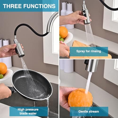 Metal Kitchen Faucet Head Replacement, 3-Function Pull Down Spray Head for Kitchen Faucet, High Pressure Sink Spray Nozzle with 9 Adapters Compatible with Most Faucets, Brushed Nickel - Thumbnail 6