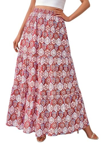 KIRUNDO Maxi Skirts for Women 2026 Summer Boho Floral High Waist Casual Flowy Long Skirt Beach Vacation Cruise Resort Wear(Wine Red Geometry, X-Large) - Image 1