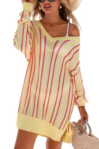 Arach&Cloz Womens 2026 Summer Swim Suit Cover Up Linen Blend Bathing Suits Swimwear Crochet Dress Long Sleeve V Neck Color Block Vacation Beach Outfits Brick Stripe XL - Image 1