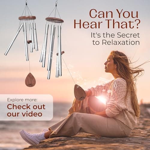 UpBlend Wind Chimes for Outside Gift – Deep Tone Wind Chime with Decorative Stone – Porch & Patio Decor, Elegant Outdoor Ornament, Garden Gifts. 28” Silver. - Thumbnail 3
