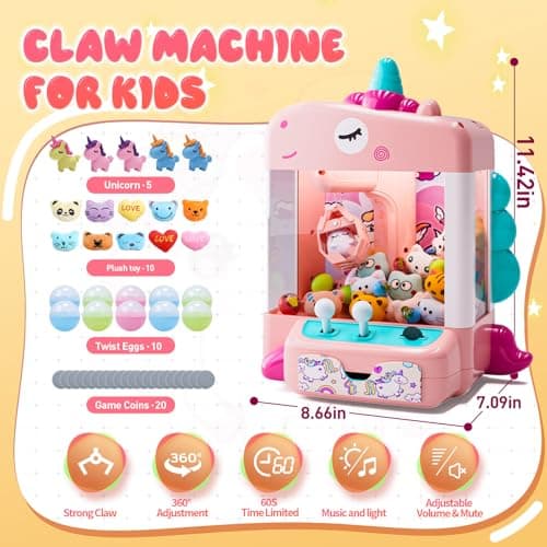 Skirfy Unicorns Claw Machine, Mini Vending Machine with Lights & Music, Adjustable Sound, Candy and Electronic Prize Dispenser, Includes 45 Toys, Candy and Birthday Gift for Kids Girls - Thumbnail 3
