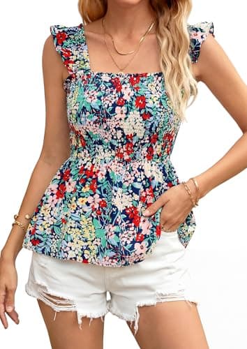 NALANISA Women's Summer Boho Cute Tank Tops 2026 Casual Square Neck Smocked Ruffle Sleeveless Babydoll Shirts Floral Blouses (Navy Flower,XXL) - Thumbnail 2