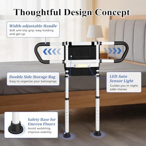 KUBYA Bed Rails for Elderly Adults Safety, Adjustable Bed Assist Rail for Seniors with Motion-Activated LED Light - 400 lbs Heavy Duty, Easy to Install, Fits 14.0"-20.3" Bed Frames - Thumbnail 4