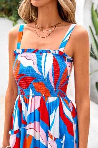 PRETTYGARDEN Womens Summer Dresses 2026 Casual Spaghetti Strap Ruffle Smocked Flowy Floral Spring Maxi Dress with Pocket(Floral Blue Multicolored,X-Large) - Thumbnail 4