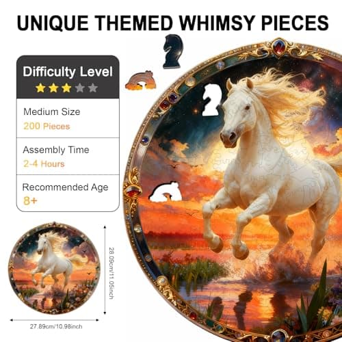 Wooden Puzzle for Adults, Sunset Horse Wooden Jigsaw Puzzle 200 Piece, Unique Shape Wooden Puzzles, Challenging Running White Horse Jigsaw Puzzles for Adults Family Game Night Wall Art Decor 11*11in - Thumbnail 2
