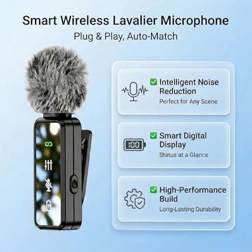 Wireless Lavalier Microphone, 12H Lapel Microphone with Digital Display & Smart Noise Cancellation, Mini Clip On Mic for iPhone Android Type-C, Recording Mic for YouTube TikTok Vlog Podcast Interview - Thumbnail 5