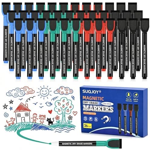 SUQJOY 36 Count Magnetic Dry Erase Markers, Fine Tip Whiteboard Markers with Eraser Caps, Low Odor, 4 Colors Black Blue Red Green, for Fridge Calendar, Office and Home - Image 1