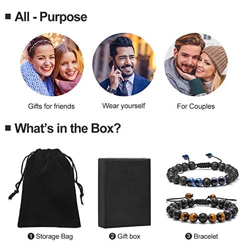 M MOOHAM Bracelets for Men Gifts - Beaded Lava Rock Tiger Eye Black Adjustable Bracelets for Mens Jewelry Gift - Thumbnail 2