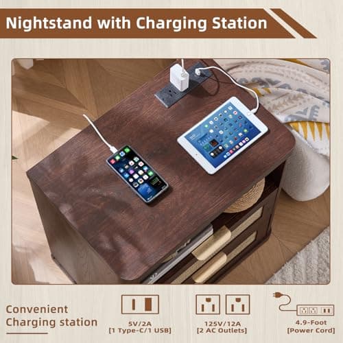 LEYAOYAO Rattan Nightstands with Charger Station, 23" Wide Boho Night Stand with 2 Drawers, Bedside Table Open Shlef, Bed Side End Table Dresser for Bedroom, Living Room Hallway, Walnut - Thumbnail 6