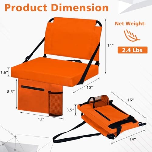 Besunbar Stadium Seats for Bleachers 2 Pack w/Back Support Bleacher Seat Soft Cushion Light Weight Includes Shoulder Strap & Cup Holder, Front & Back Zipper Pocket, Suitable for Sports Events,Orange - Thumbnail 3