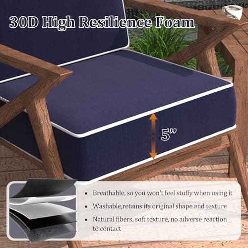 5" Thick Outdoor Chair Cushions Set of 2 - 24x24 Inch Patio Chair Cushion for Outdoor Furniture w/Fade-Resistant Removable Cover Waterproof Deep Seat Patio Cushions w/Straps Handle for Sofa, Navy Blue - Thumbnail 3