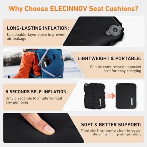 ELECINNOV Inflatable Seat Cushion, Self Inflating Memory Foam Portable Stadium Seat Cushions for Bleachers Lightweight Camping Comfort Airplane Cushion for Long Flights Outdoor Events - Thumbnail 3