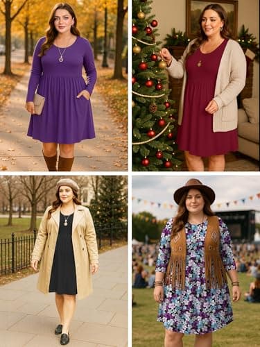AusLook Women's Plus Size Long Sleeve Midi Dress Crewneck Casual Empire Waist Loose Flowy Dresses A-Line Boho Party 2025 Fall Winter Long Fancy Peachy Leopard 2X Dress with Pockets - Thumbnail 6