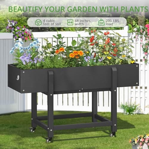 LUE BONA Raised Garden Bed with Wheels, 48 * 16.7 * 28 in, Poly Elevated Outdoor Planter Box with Tools, Weather Resistant, Standing Growing Bed Herb Planter for Vegetable, Flowers, Fruits - Thumbnail 3
