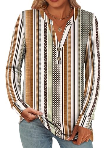ANRABESS Women's Long Sleeve Shirts 2026 Spring Fashion Dressy Casual Tops Trendy Henley Blouses Cute Work Outfits Clothes Brown White Strip X-Large - Image 1