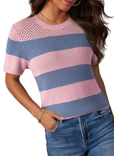 Dokotoo Women Ladies Tops Casual Crewneck Summer Tops for Women Fashion Trendy Shorts Sleeve Sweaters Womens Cute Striped Spring Knit Tshirt Shirts Blouse Pink X-Large - Image 1
