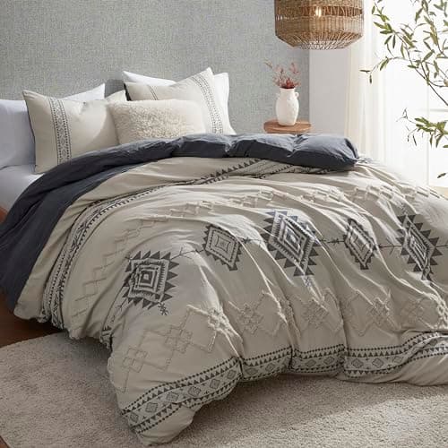Oli Anderson Boho Duvet Cover Set King Size, Beige and Gray Color Clash 3 Pieces Microfiber Bedding Set, Durable and Super Soft Duvet Covers with Zipper and Ties, 104"*90" - Thumbnail 2