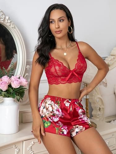 Rigeri Lingerie Set For Women Sexy Sheer Lace Bra And Panty Set Wine Red M - Thumbnail 4