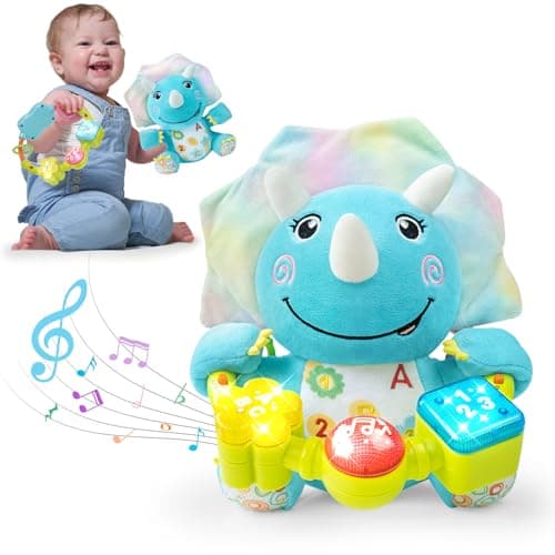 Holaxander Baby Dino Musical Stuffed Animals Toy with Light-Up Music & Crinkle Sound Paper,Infant Bilingual Early Learning Education Toys,Tummy Time Toys for 0-3-6-12+ Months Boy Girl - Image 1