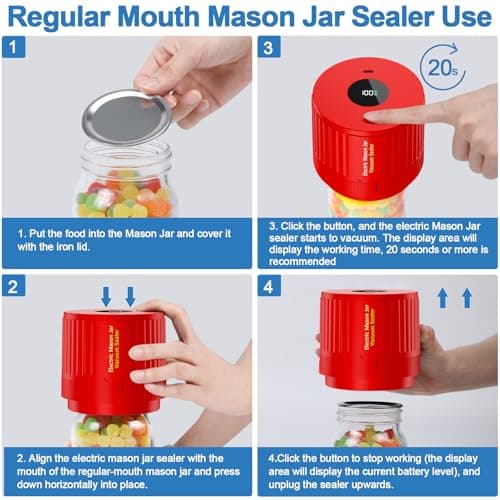 LOVE MOMENT Electric Mason Jar Vacuum Sealer Kit for Wide Mouth and Regular Mouth Mason Jar - Red - Thumbnail 3
