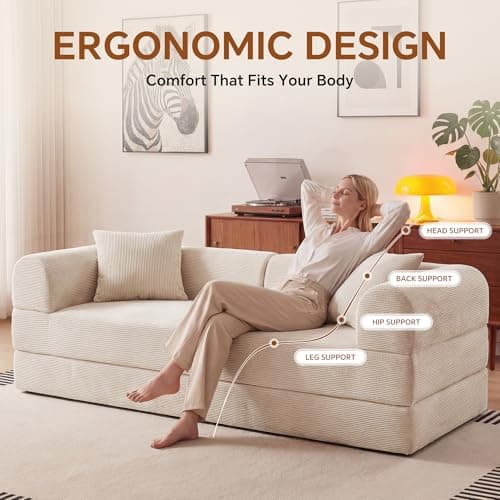 ceamorfco Boneless Couch, 74.8 Inch Modular Sofa Bed with Wide Armrest, Beige Corduroy Loveseat Sleeper with Removable Washable Cover, Comfy Floor Sofa for Living Room, Apartment, Office, No Assembly - Thumbnail 3