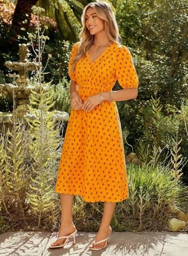 Dokotoo Summer Womens Dresses a Line Floral Flowy Casual Sundress Fashion Clothing Short Sleeve V Neck Boho Maxi Dress with Pockets 2026 Easter Spring High Waist Flowy Loose Fit Beach Dress Orange - Thumbnail 4