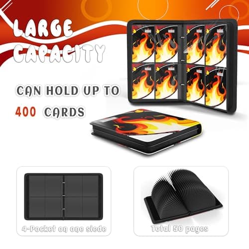 Trading Card Binder 4 Pocket, Card Binder 400 Pockels Card Book Holder Cards with 50 Removable Sleeves, 3-RingZip Design MTG/TCG/Sport Collectible Trading Card Albums Gifls for Boys and Girls (Fire） - Thumbnail 4