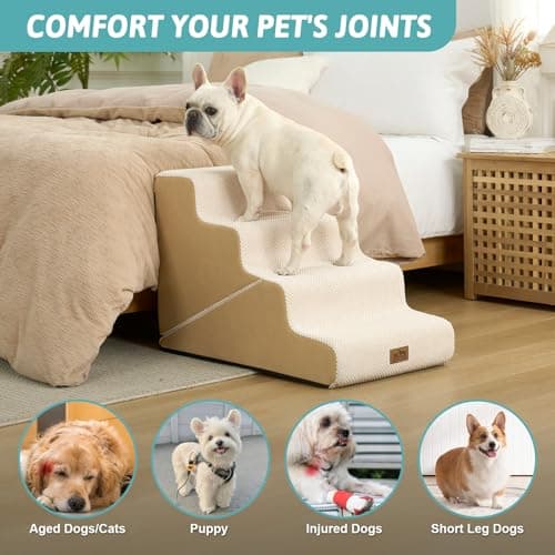 COZY KISS Dog Stairs for Small Dogs, 3-Step 2 in 1 Transformable Pet Stairs for Couch and Bed, 15.7" H Dog Steps for Old Cats, Puppy, Small Dogs (Beige, 17.7x28.3x19.7 in, 4.0) - Thumbnail 6