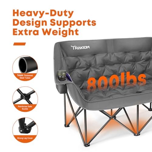 Trakiom Double Camping Chair Oversized Padded Outdoor Loveseat Chairs for Adults, Heavy Duty Folding Camping Couch with Cup Holders & Phone Pocket, 2 Person Portable Chair for Beach Lawn Patio - Thumbnail 3