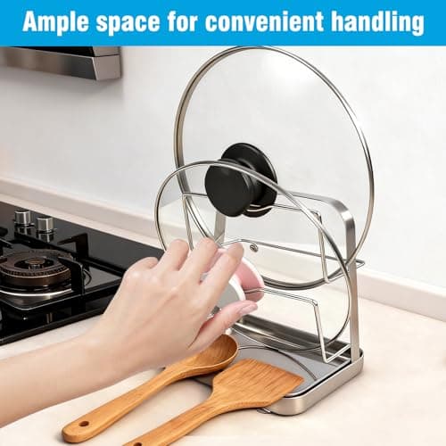 YJREW 304 Stainless Steel Pot Lid Organizer & Spoon Rest, Pot Lid Holder Storage Rack for Kitchen Countertop, Multifunctional Stove Top Pot Cover Stand While Cooking - Thumbnail 5