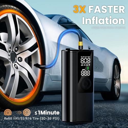 Anycash Tire Inflator Portable Air Compressor, 150PSI Air Pump for Car Tires with Pressure Gauge, Fast Tire Inflator for Car, Motorcycle, Bicycle, Balls, LED Light and Auto Shut-Off - Thumbnail 2