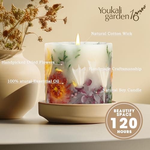 Youkali Scented Candles for Women,Burning Natural Soy Wax candles for home scented,Natural Pillar Candle with Dried Flowers - Mothers Day Candle for Mom for Home Decor and Relaxation (Lavender Floral) - Thumbnail 4