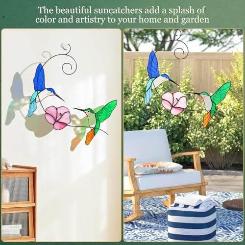 Hummingbird Stained Glass Window Hanging, Handmade Humming Bird with Flower Suncatcher, Sun Catcher Indoor Decor, Decoration, Gift for Women Mom Bird Lover, 10"(W) X8(H), Gift Package, Hanger Given - Thumbnail 2