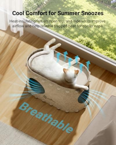 DownyPaws Cat House for Indoor Cats, Cat Bed Cave for Multiple & Large Cats Up to 22 Lbs, Scratch Resistant, Foldable Peekaboo Kitten Caves Tunnel Enclosed Bed, PeekaPurr, Cream - Thumbnail 3