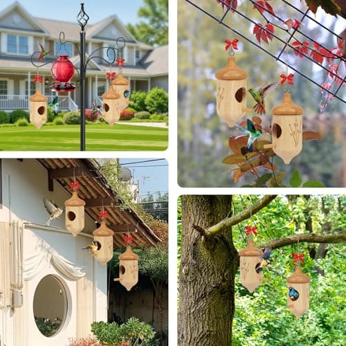 Hummingbird House, Small Wooden Hummingbird House for Outdoors, Cute Bird House with Bow & Hanging String, Garden Decor & Gift - Thumbnail 2