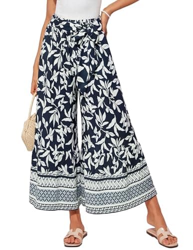 GRACE KARIN Womens Palazzo Pants High Waisted Adjustable Tie Knot Flowy Trousers Casual Loose Lounge Pant with Pockets Navy Floral L