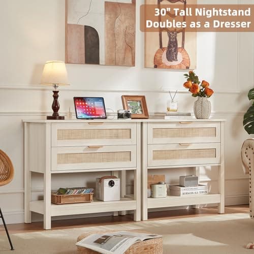 LEYAOYAO 31.5" Wide Rattan Night Stand with Charger Station, Oversized Large Boho Nightstand with 2 Drawer, Grey White Bed Side End Tables, Tall Bedside Table for Bedroom Living Room, Hallway - Thumbnail 5