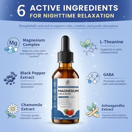 Liquid Magnesium Glycinate Drops for Sleep Support & Nighttime Calm,Magnesium Drops with Chamomile, Ashwagandha, L-Theanine & GABA for Relaxation Support, Gentle Absorption, Strawberry Flavor, 2 Fl Oz - Thumbnail 6