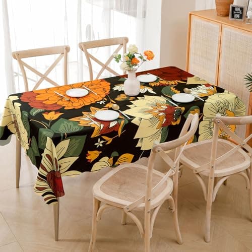 Tyrot Scalloped Black Boho Floral Rectangle Table Cloth Farmhouse Waterproof Stain Resistant Tablecloth Mid Century Botanical Indoor Outdoor Table Covers for Kitchen Dining/Party, 60x84 - Image 1