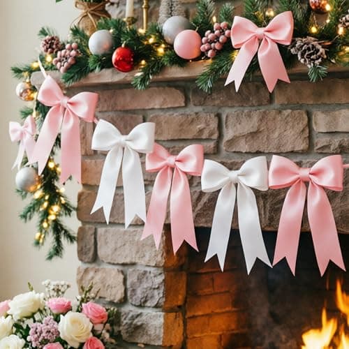 2 Strings Pink White Bow Garland Banner Decorations, Pre-Strung Satin Ribbon Bows for Birthday, Baby Shower, Bridal Shower, Coquette Girls Room, Bow Themed Party, Wedding, Christmas Tree Decorations - Thumbnail 6